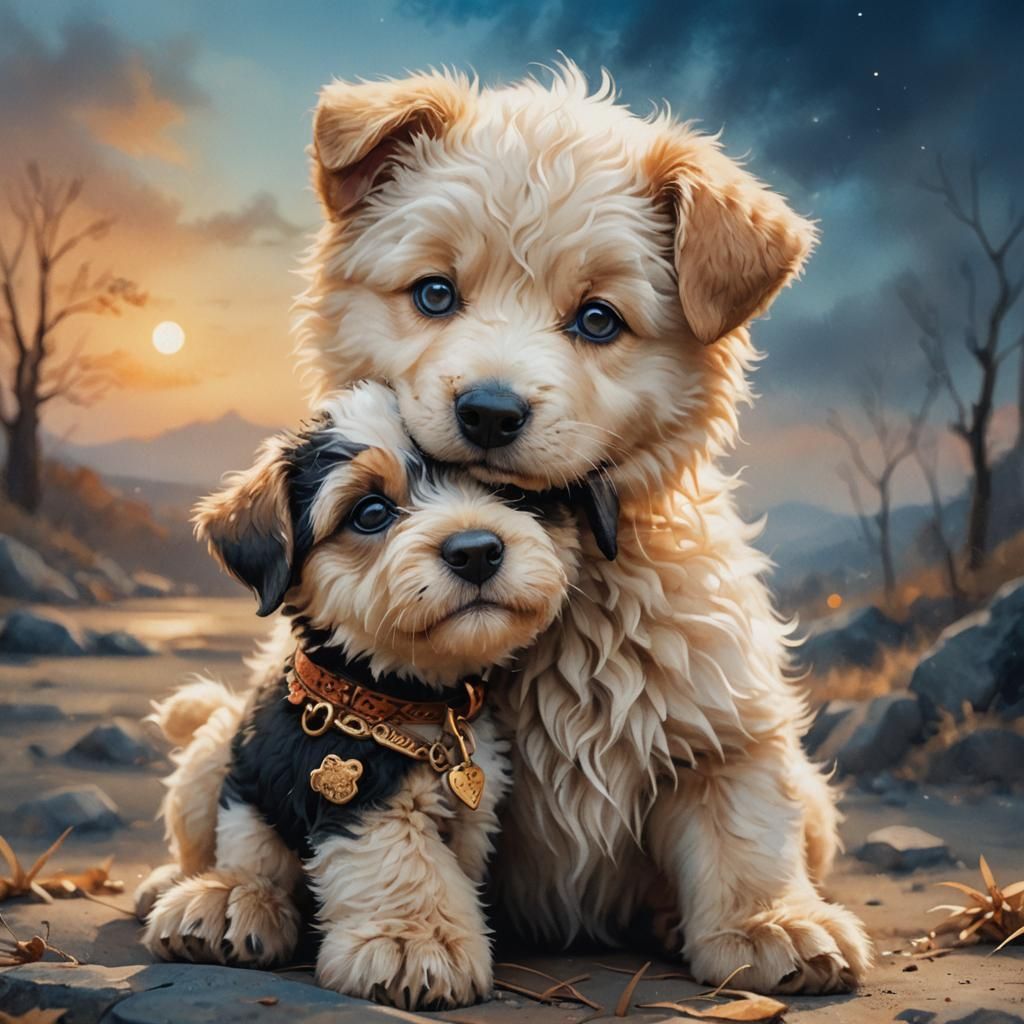 Puppy and Teddy Bear: Detailed Digital Matte Painting