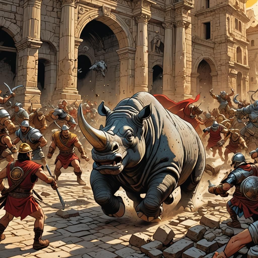 Rhino Chases Beetle: Asterix Comic Art Action