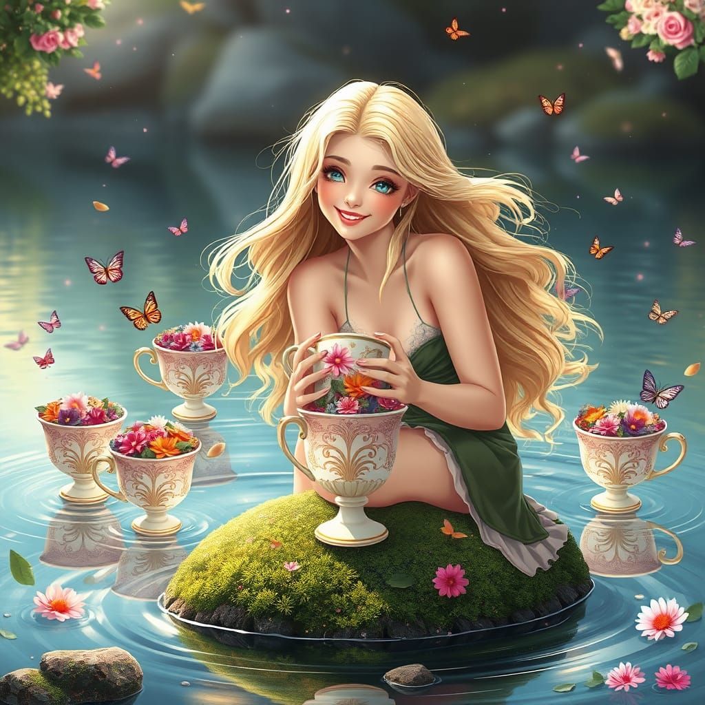 Whimsical Woman with Floating Cups, Digital Illustration