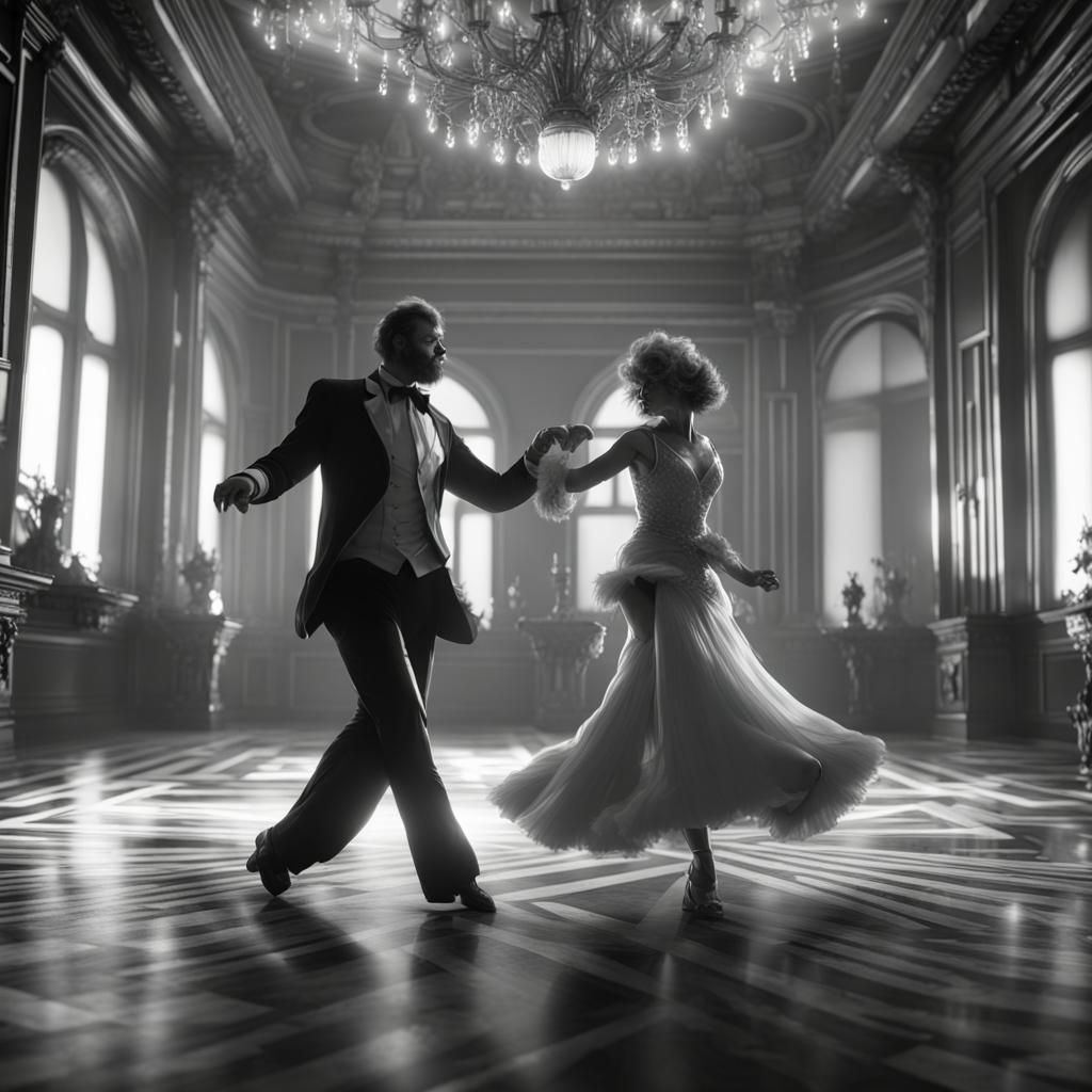 "a black-and-white sketch of a masquerading duo at a ball, d...