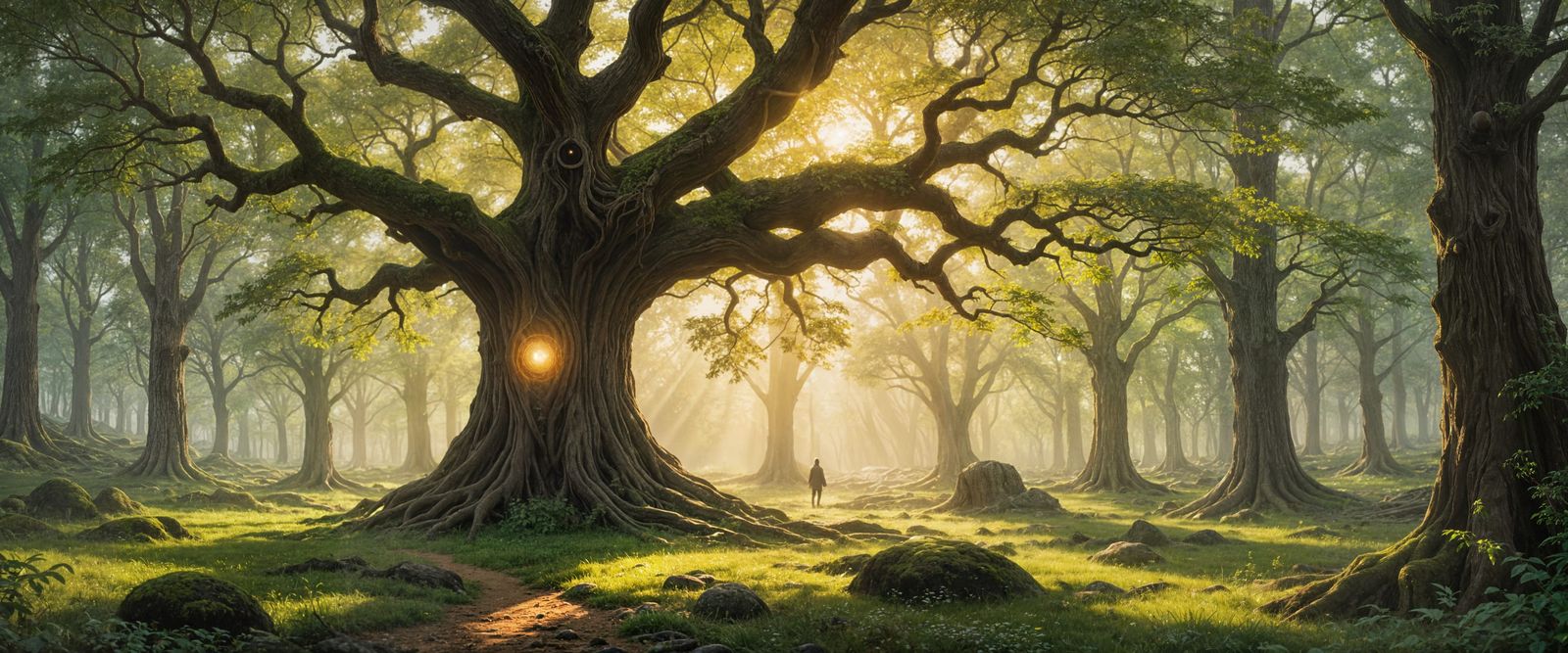 Serene Ancient Tree in Sun-Dappled Forest Clearing