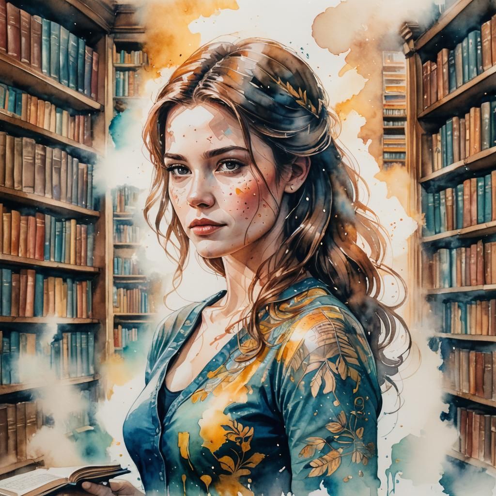 Belle Portrait with Library, Watercolor and Impasto