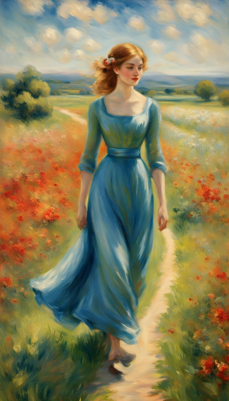 Impressionist Woman in Field of Flowers Painting