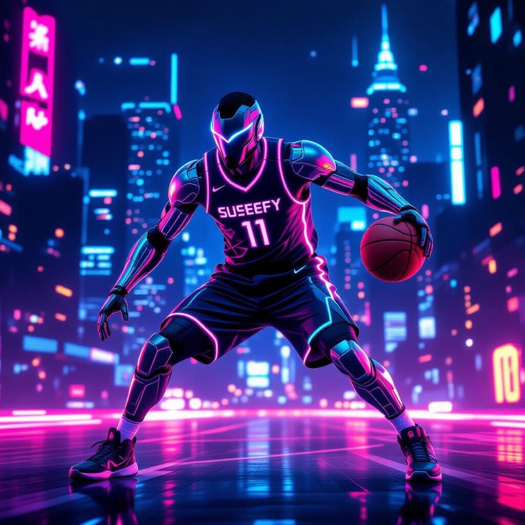 Futuristic Basketball Player in Neon Cityscape