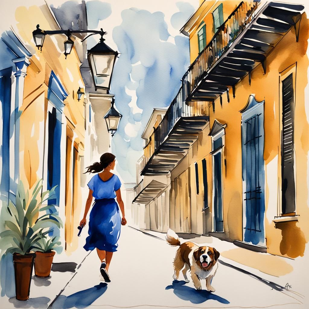 Woman and St. Bernard in New Orleans: Ink Wash Art