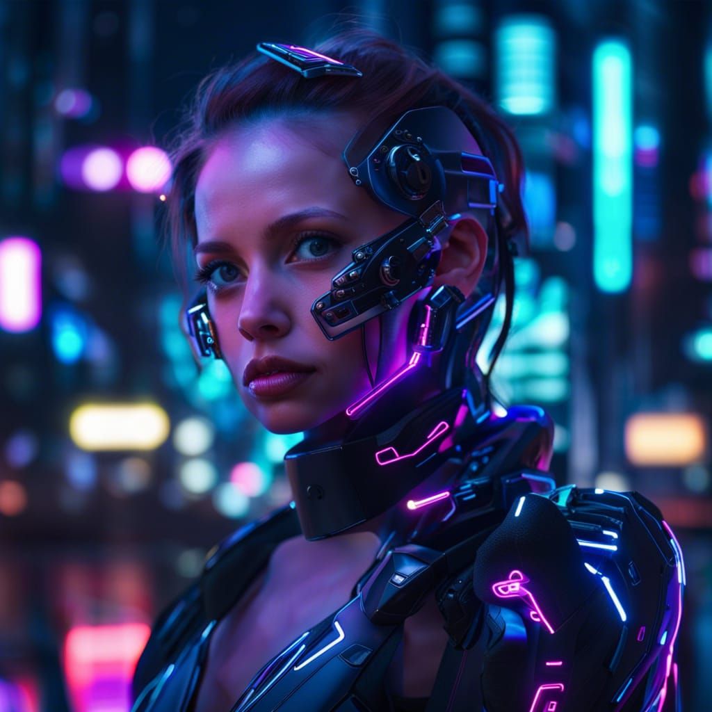 Cyborg Girl Portrait in Neon Cityscape