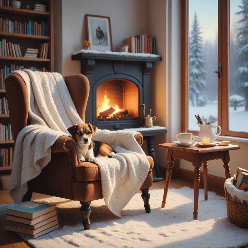 Cozy Winter Room with Dog, Oil Painting