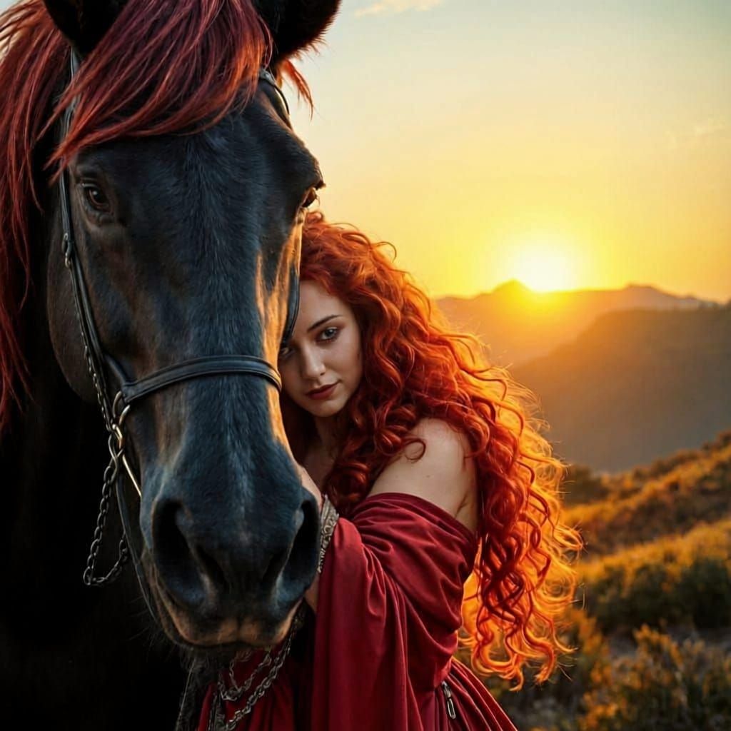 Celtic Woman Embraces Black Horse Amidst Greek Mountains