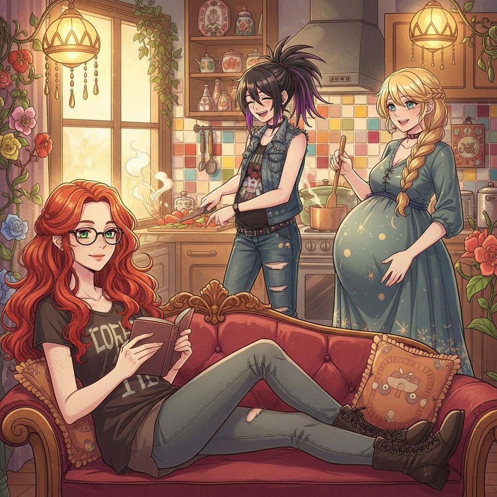 Shoujo Style Woman Relaxing in Cozy Living Room