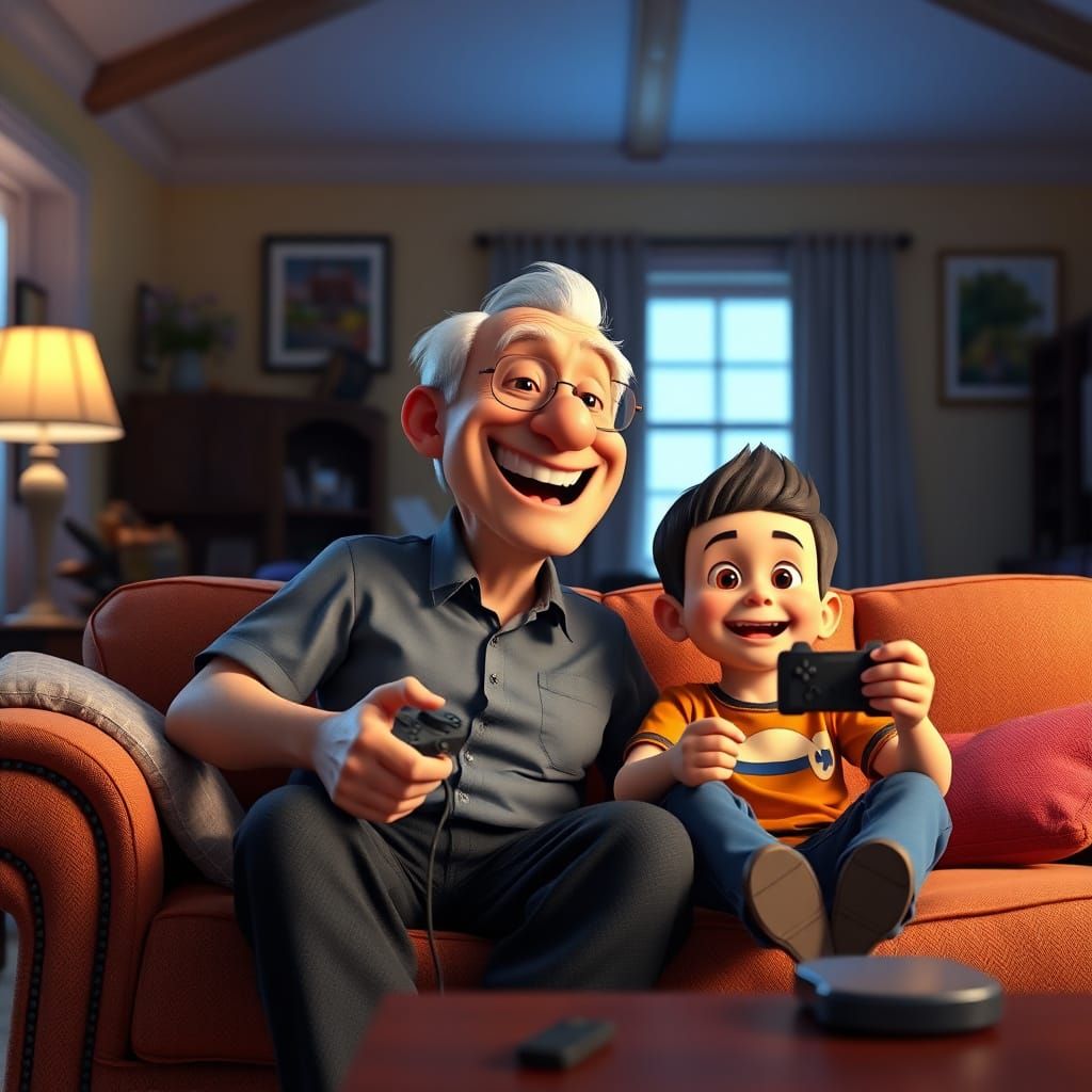 Grandfather and Grandson Gaming, Pixar-style 3D Render
