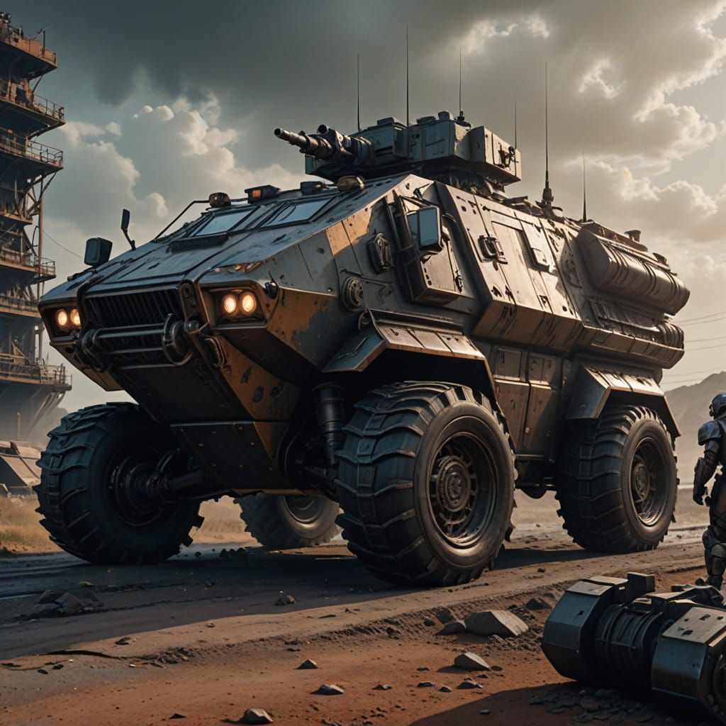 Futuristic concept art. Medium shot. Realistic sci-fi armore...