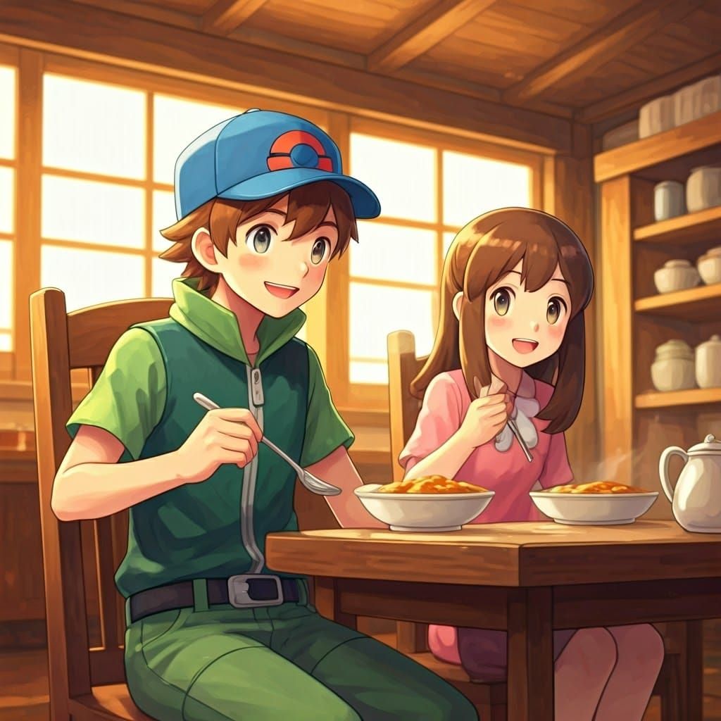 Pokémon Trainer and Sister Share Breakfast in Cottage