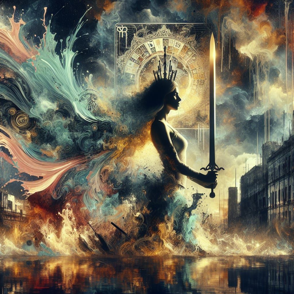 Warrior Woman with Tarot Sword in Maximalist Style