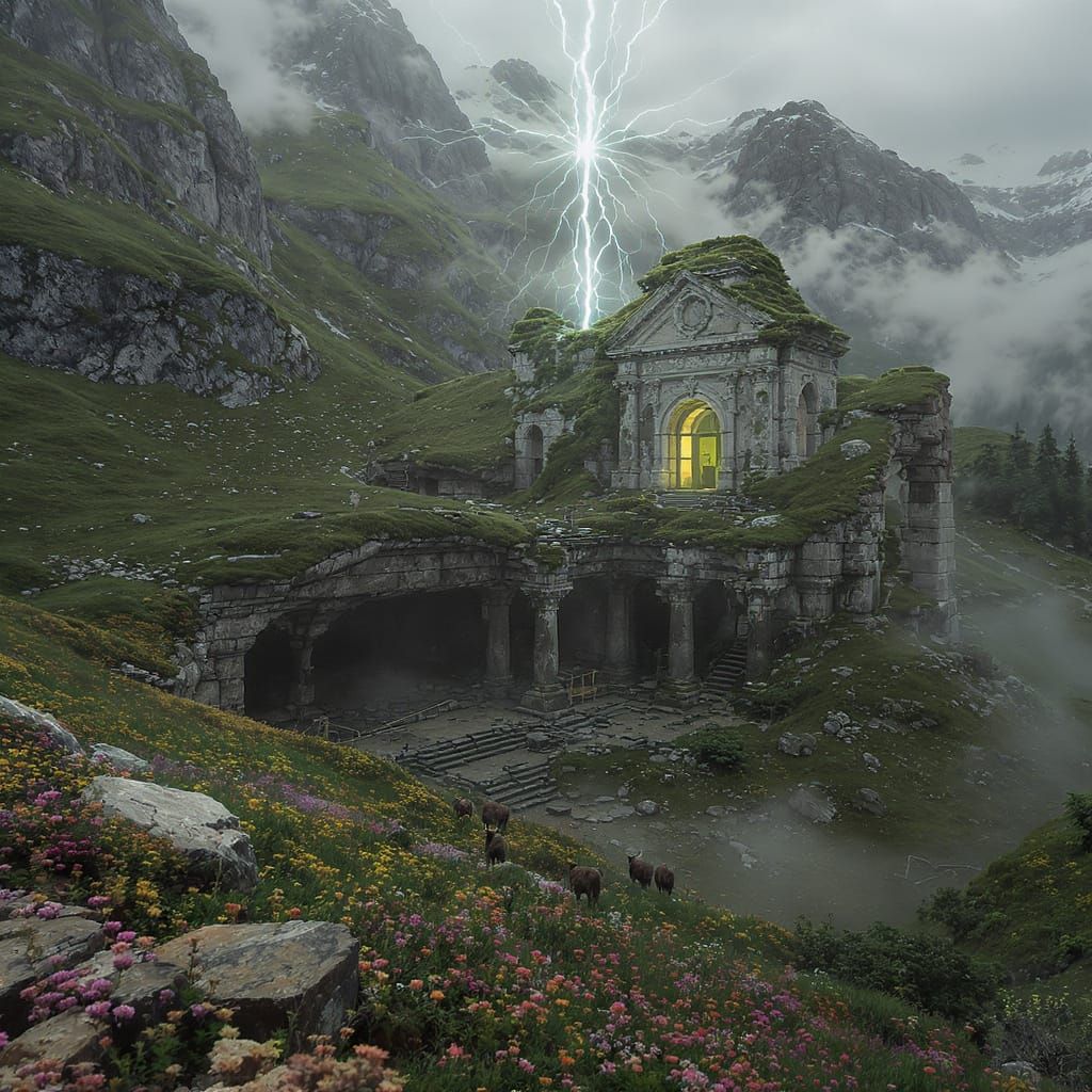 Ancient Temple Ruins in Swiss Alps Valley