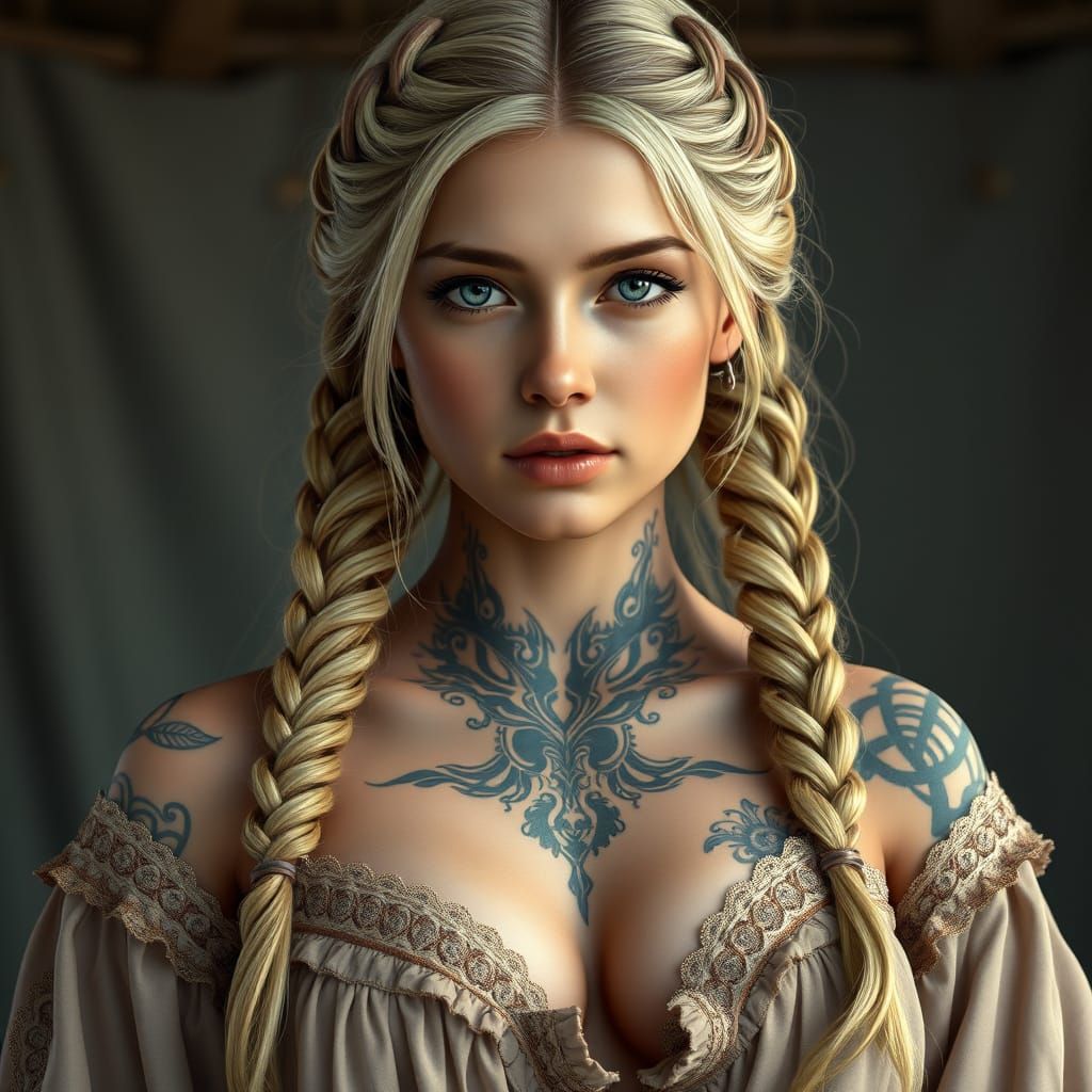 Shieldmaiden Braids with Viking Tattoos in Ornate Style
