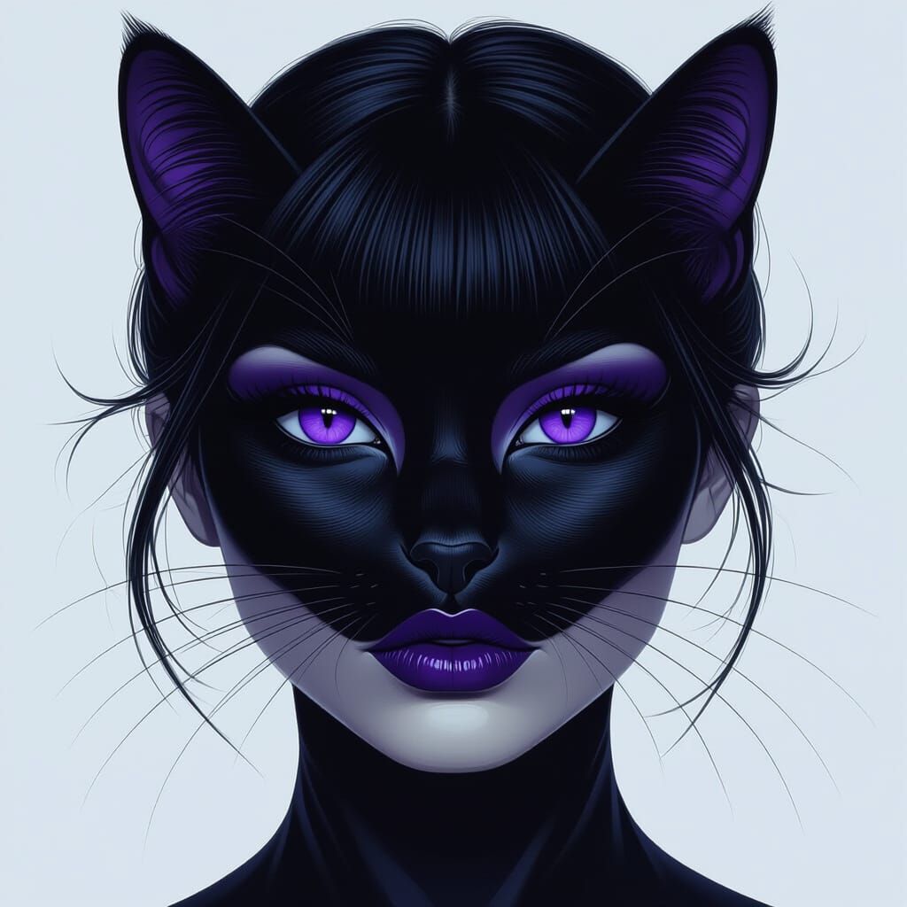 Woman with Purple Eyes and Black Cat