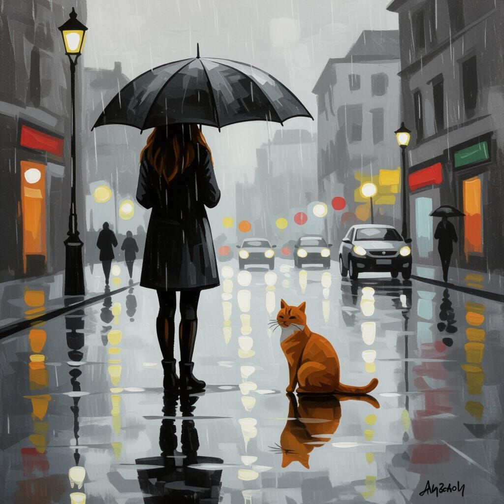 Orange Cat in Rain Under Umbrella, Painterly Realism