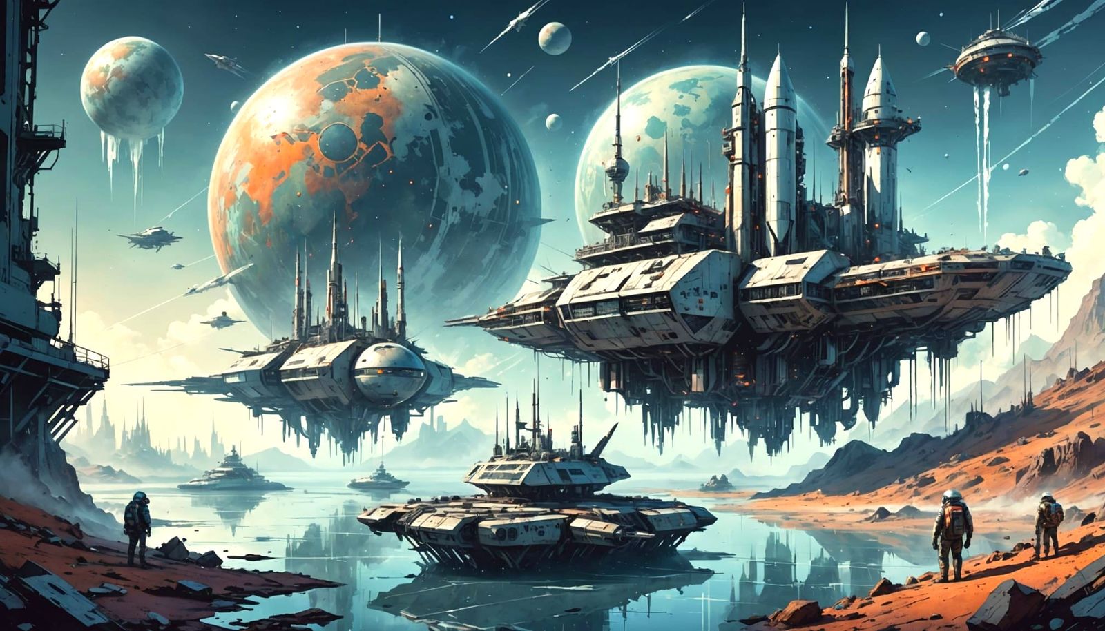 Space Station Docks with Rocket Colony in Watercolor Style