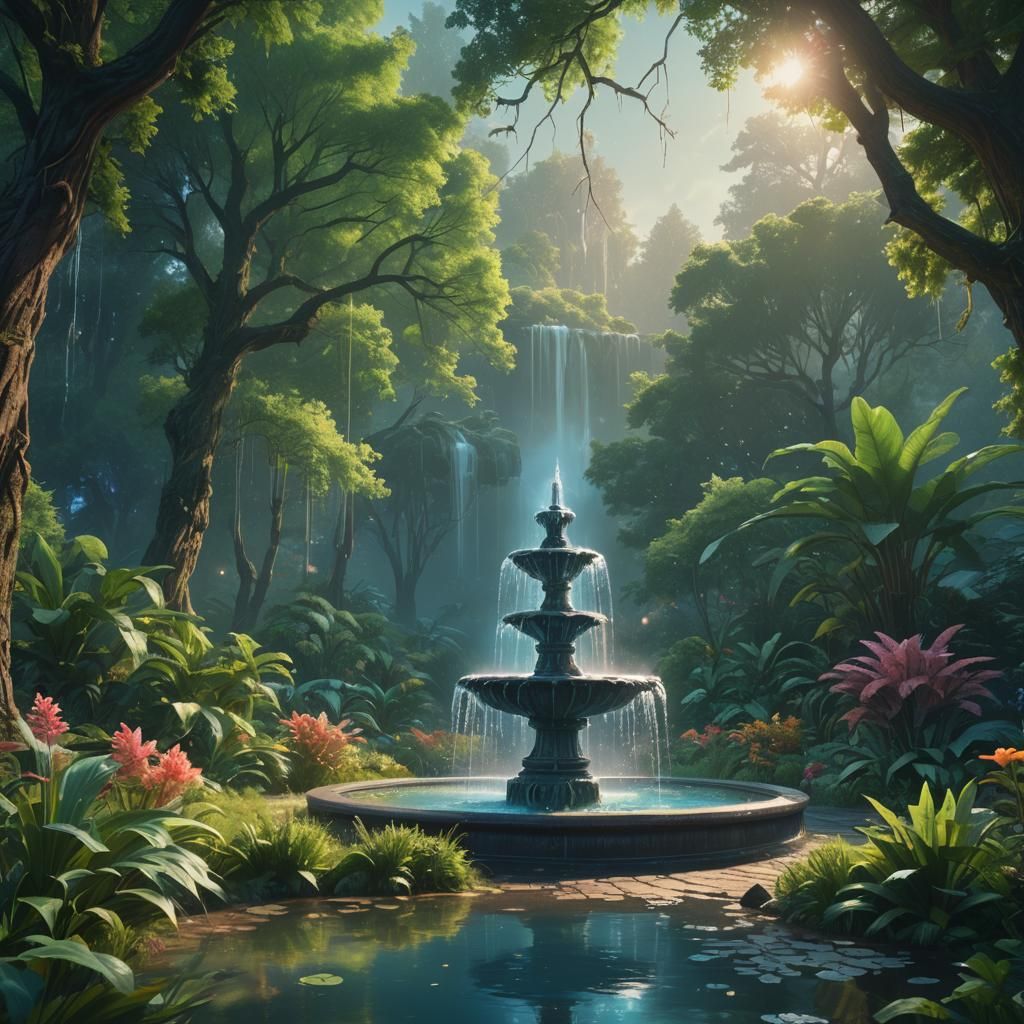 Glowing Fountain in Lush Garden: Matte Painting