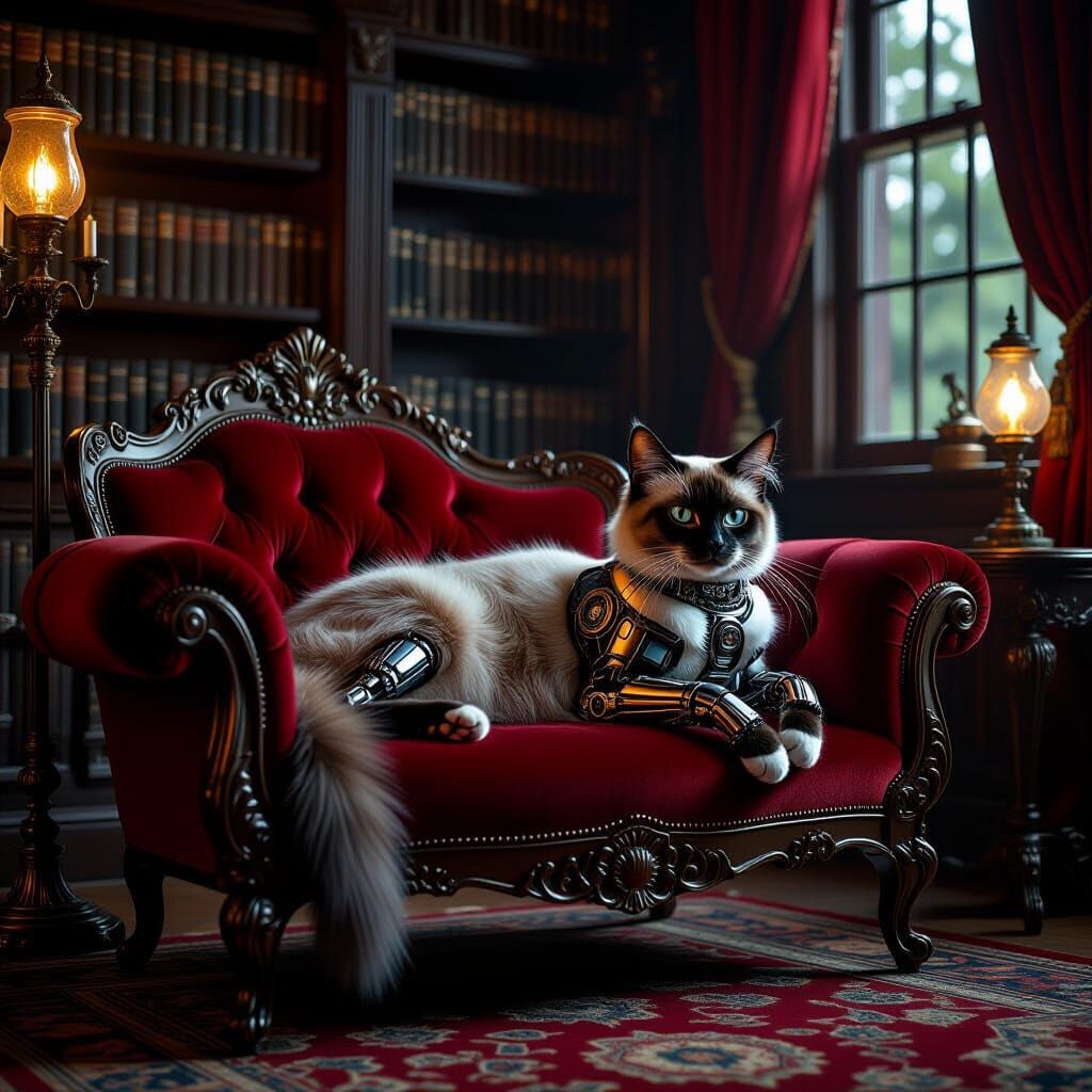 Biomechanical Siamese Cat in Victorian Study