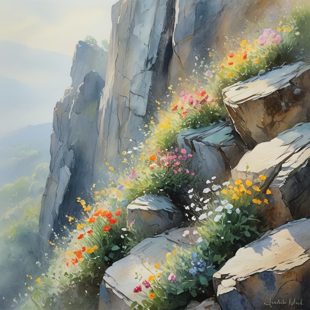 Watercolor Cliff with Flowers in Impressionist Style