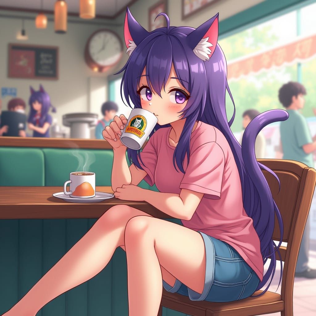 Anime Catgirl Sipping Coffee in Bustling Cafe