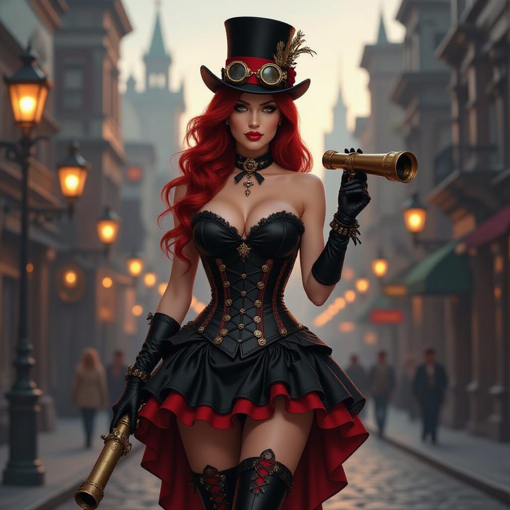 Steampunk Woman with Red Hair and Brass Telescope