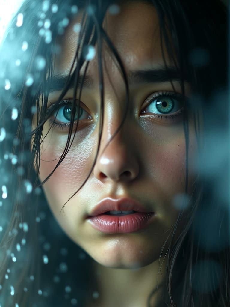 Crying Woman Behind Wet Glass Macro Photograph