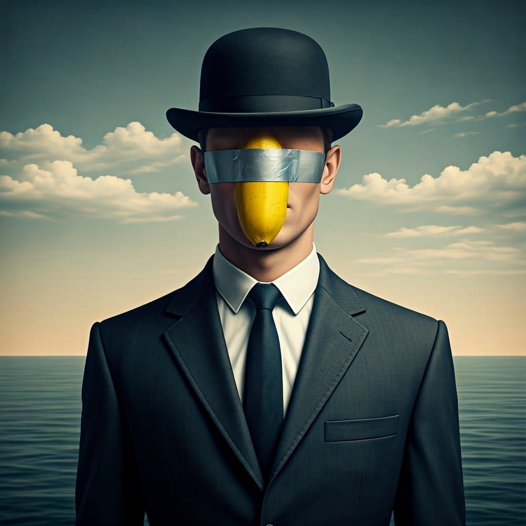 Elegant Man in Surreal Banana Mask