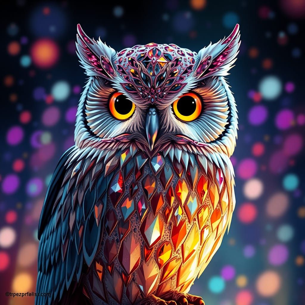 Chrome Crystallized Owl in Hyperrealistic Style