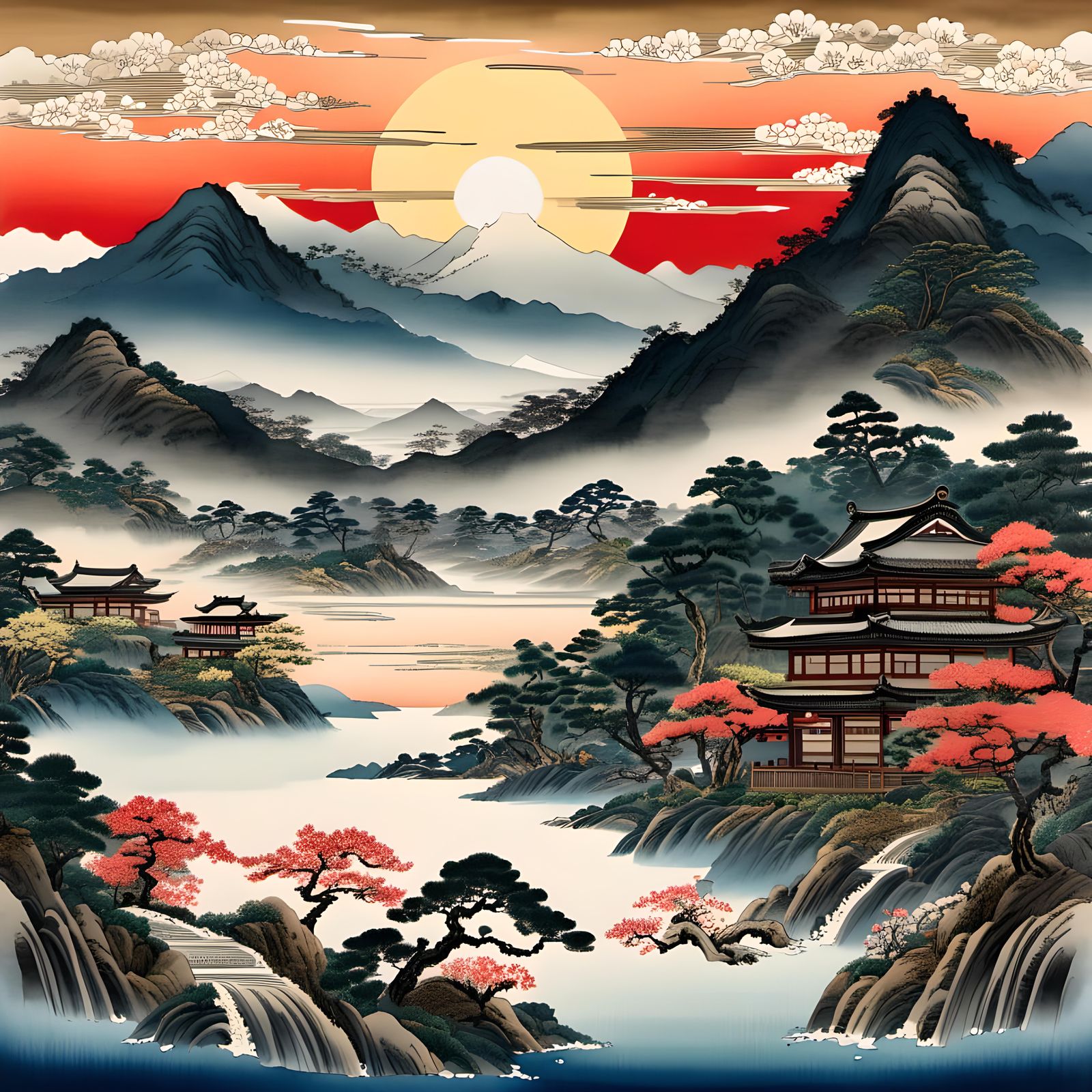 Ukiyo-e Sunrise Over Japanese Countryside