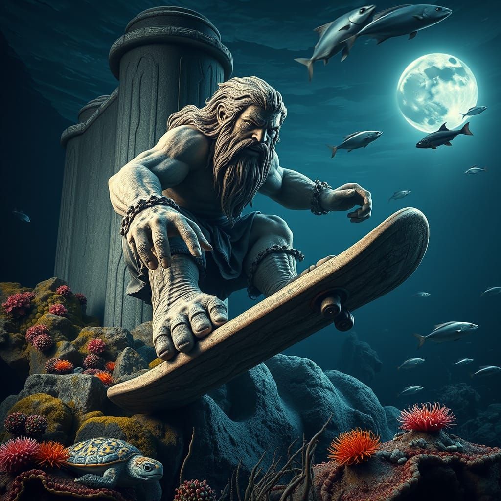 Submerged Hobbit Skateboarder Statue in Ocean