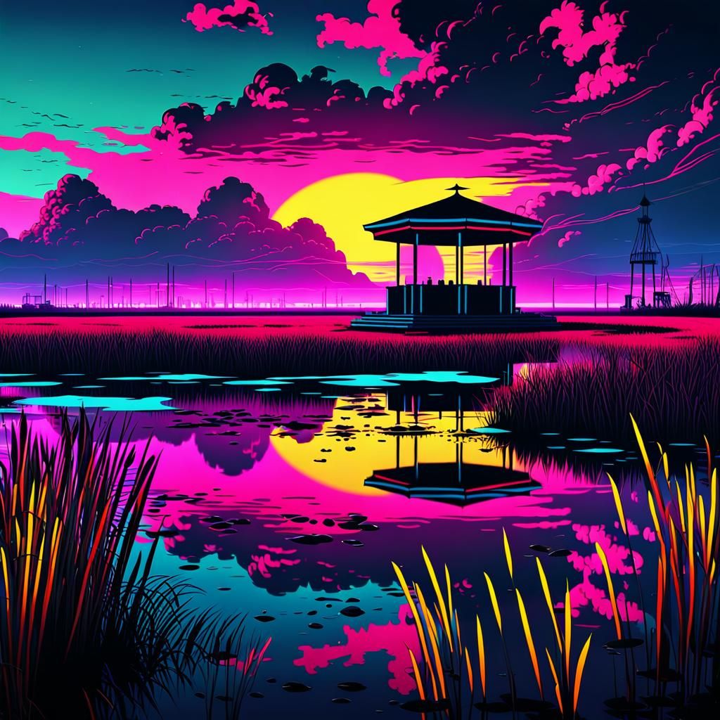 Cyberpunk Gazebo Reflects Neon Sunset