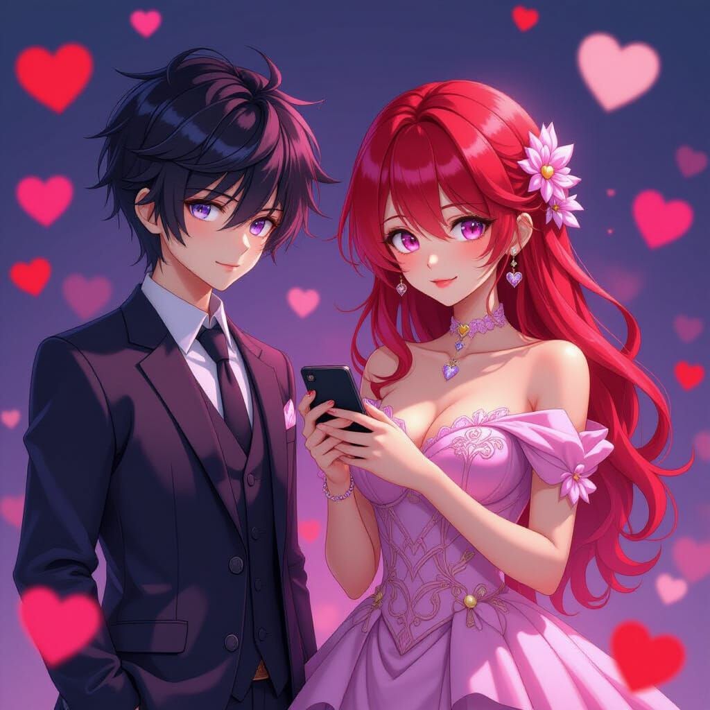Anime Couple Surrounded by Hearts in 3D