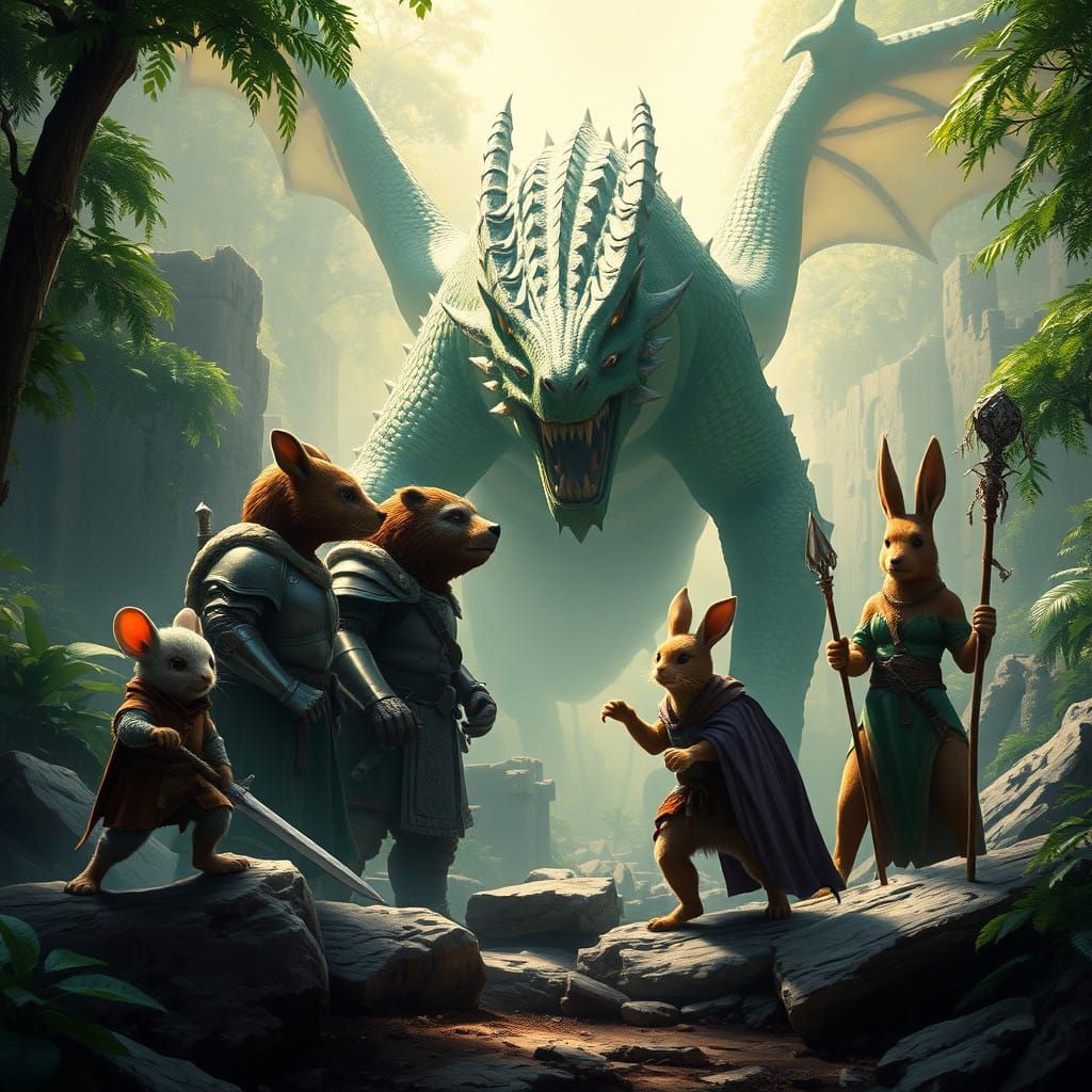 Fantasy Animal Adventurers Face Off Against a Majestic Green...