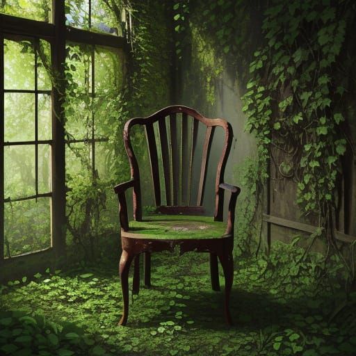 Vibrant Oil Painting of Dilapidated Chair with Flower