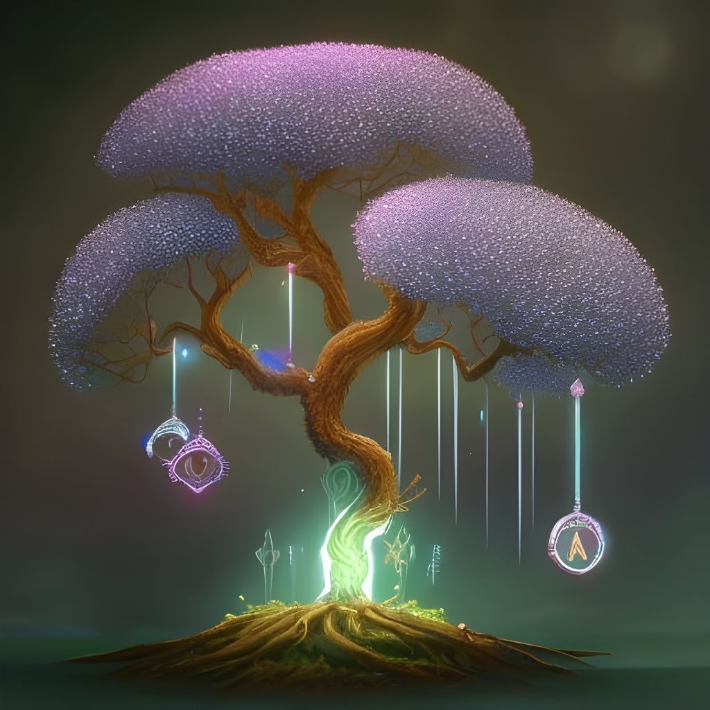 Giant Magical Tree with Floating Crystals in Fantasy Landsca...