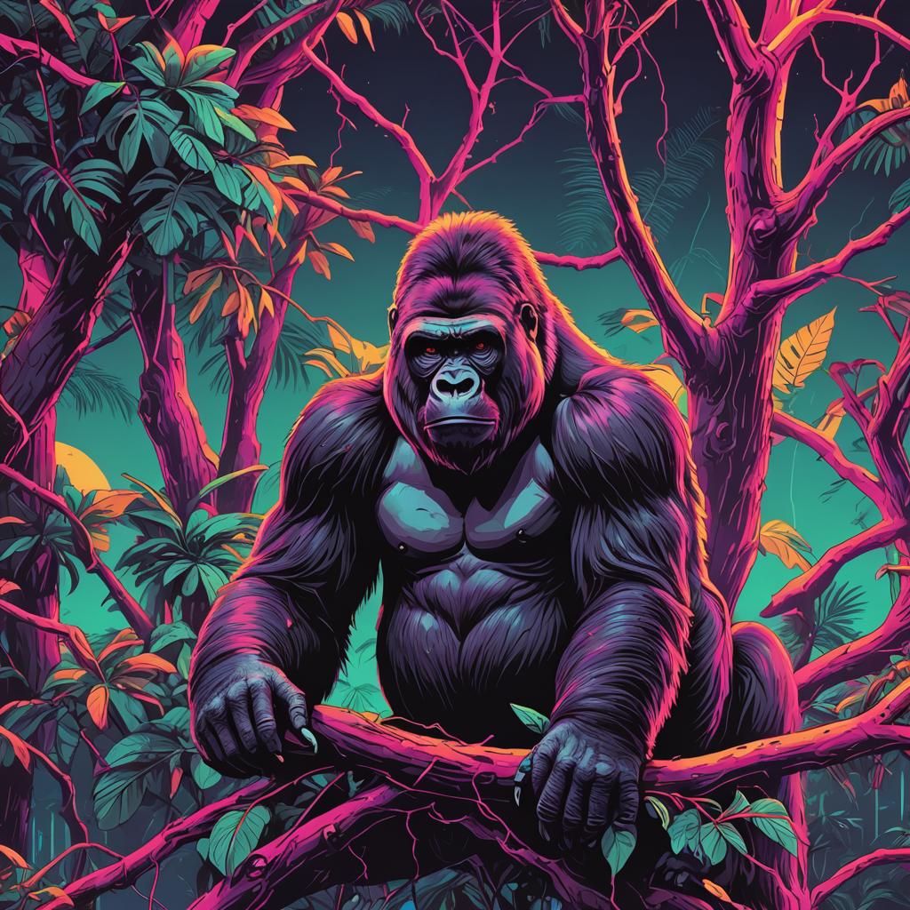 Gorilla in Tree: Synthwave Neon Retro Art