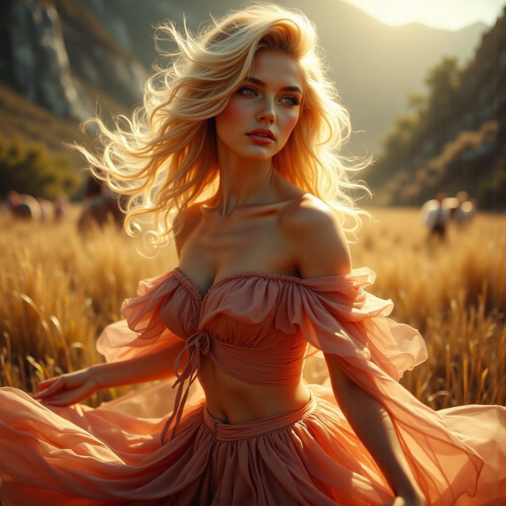Ethereal Blonde Goddess in Windswept Landscape