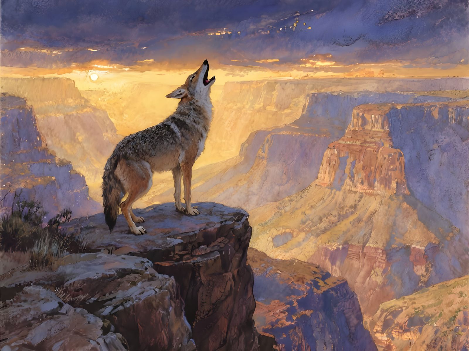 Coyote Howling at Grand Canyon: Gouache and Watercolor