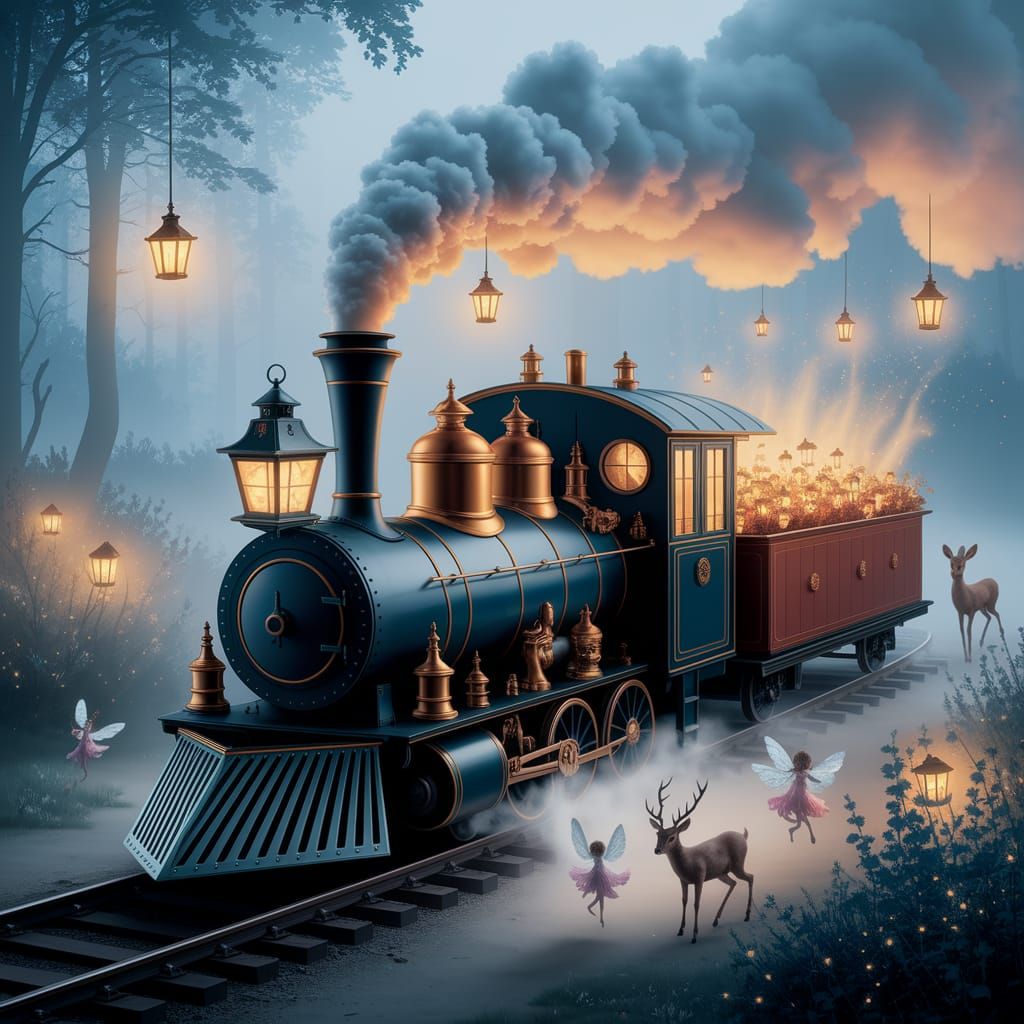 Whimsical Steam Train in Enchanted Forest