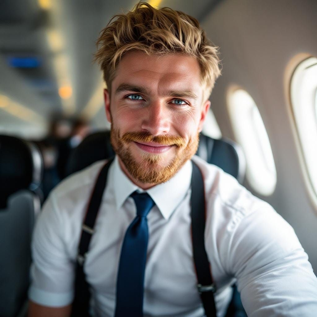 Handsome Bodybuilder as Flight Attendant in Latex