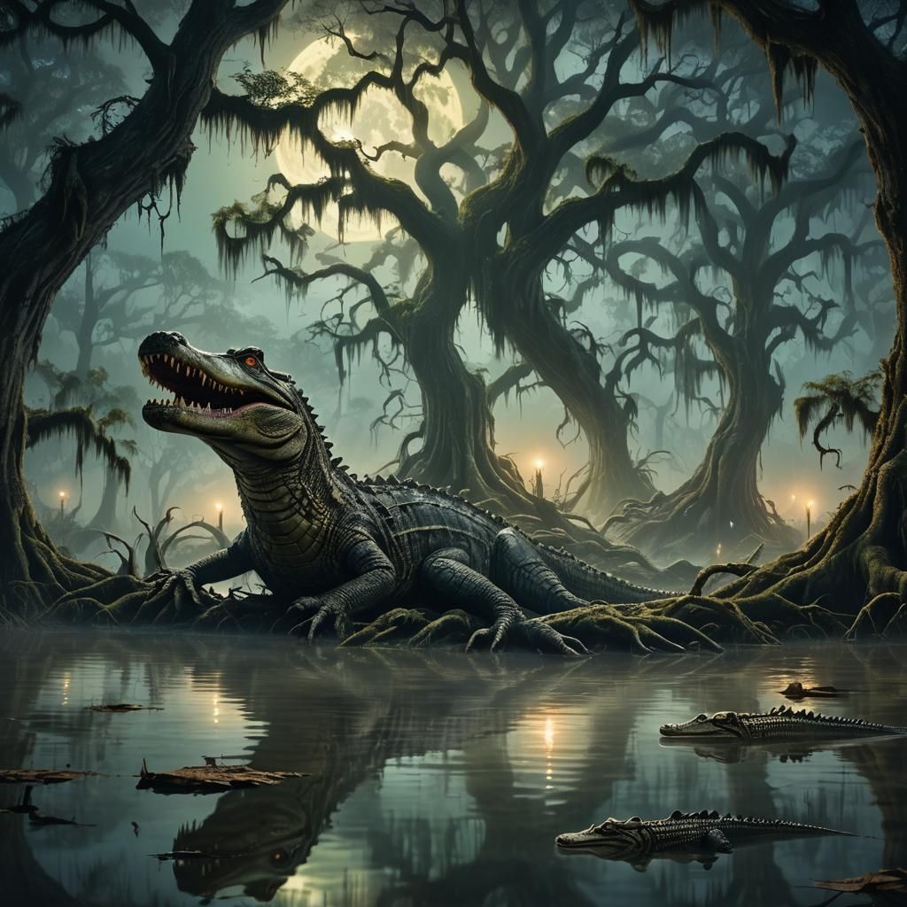 Moonlit Bayou: Alligators in a Misty Fantasy Landscape