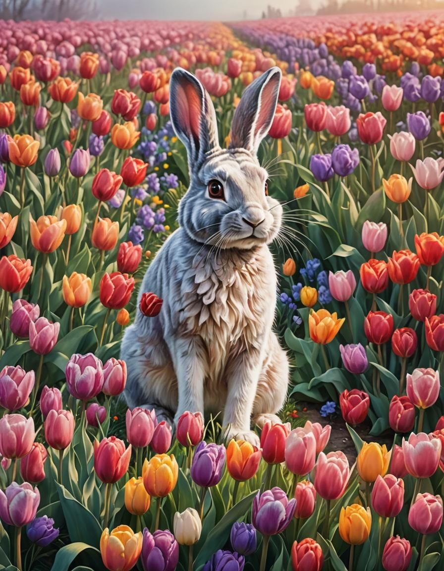 Fluffy Rabbit in Spring Tulip Field Watercolor