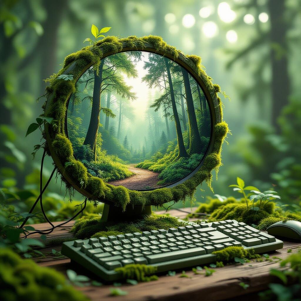 Overgrown Circular Monitor Displaying Forest Scene