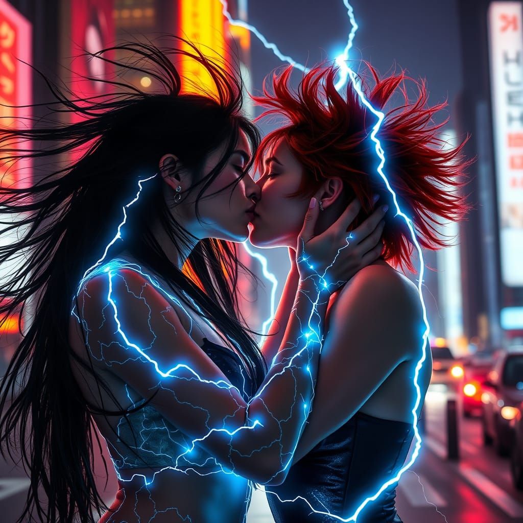Cyberpunk Goddesses Unite in Electric Kiss
