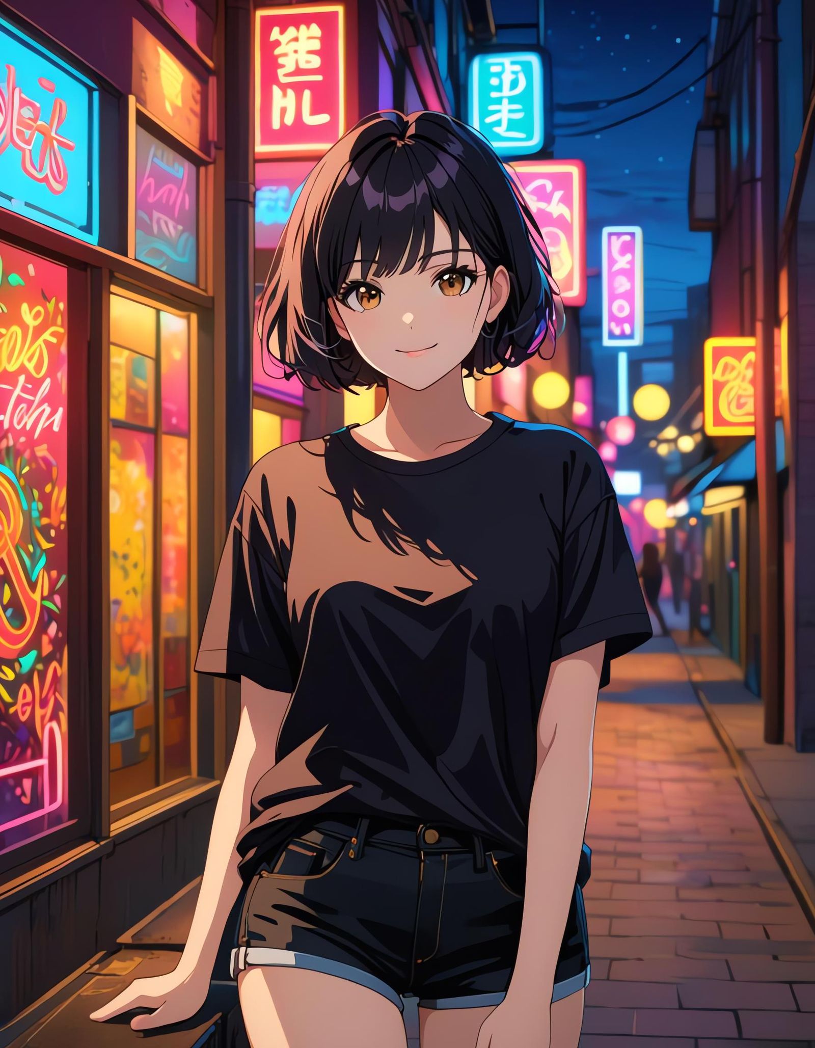 Girl in Neon Night Scene with Cel Shading