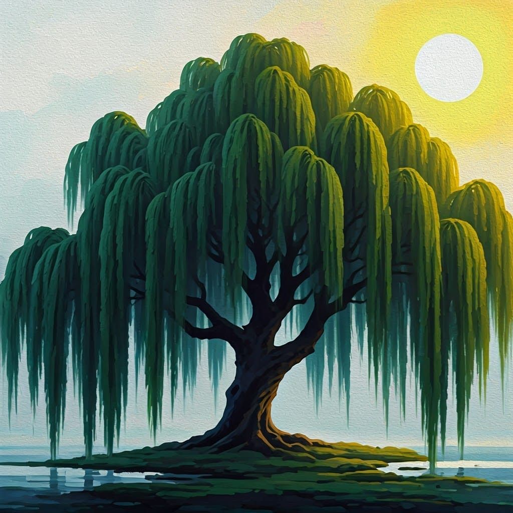 Weeping Willow Tree in Chinese Painting Style