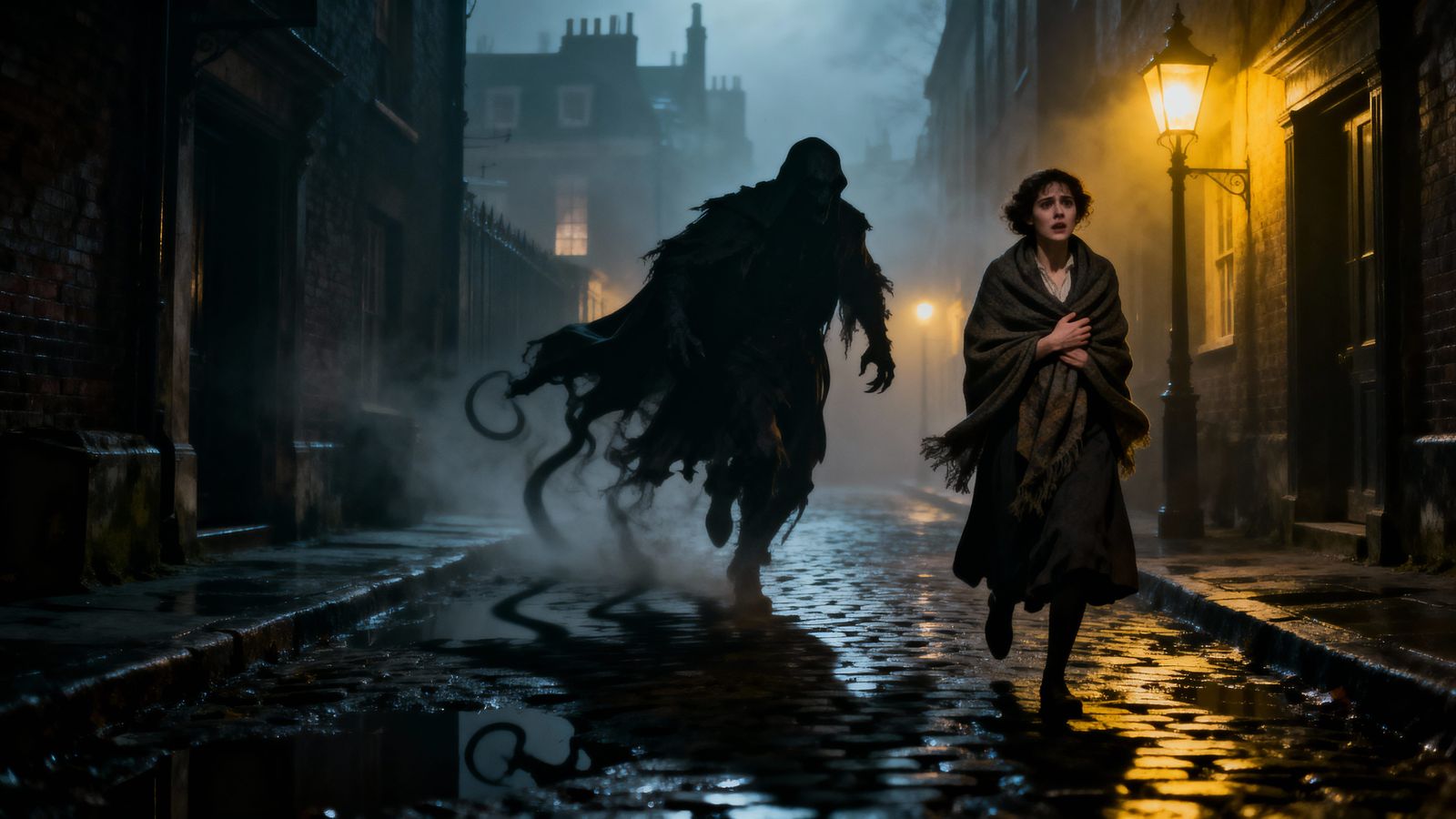 Shadowy Figure Stalks Woman in Foggy Victorian London