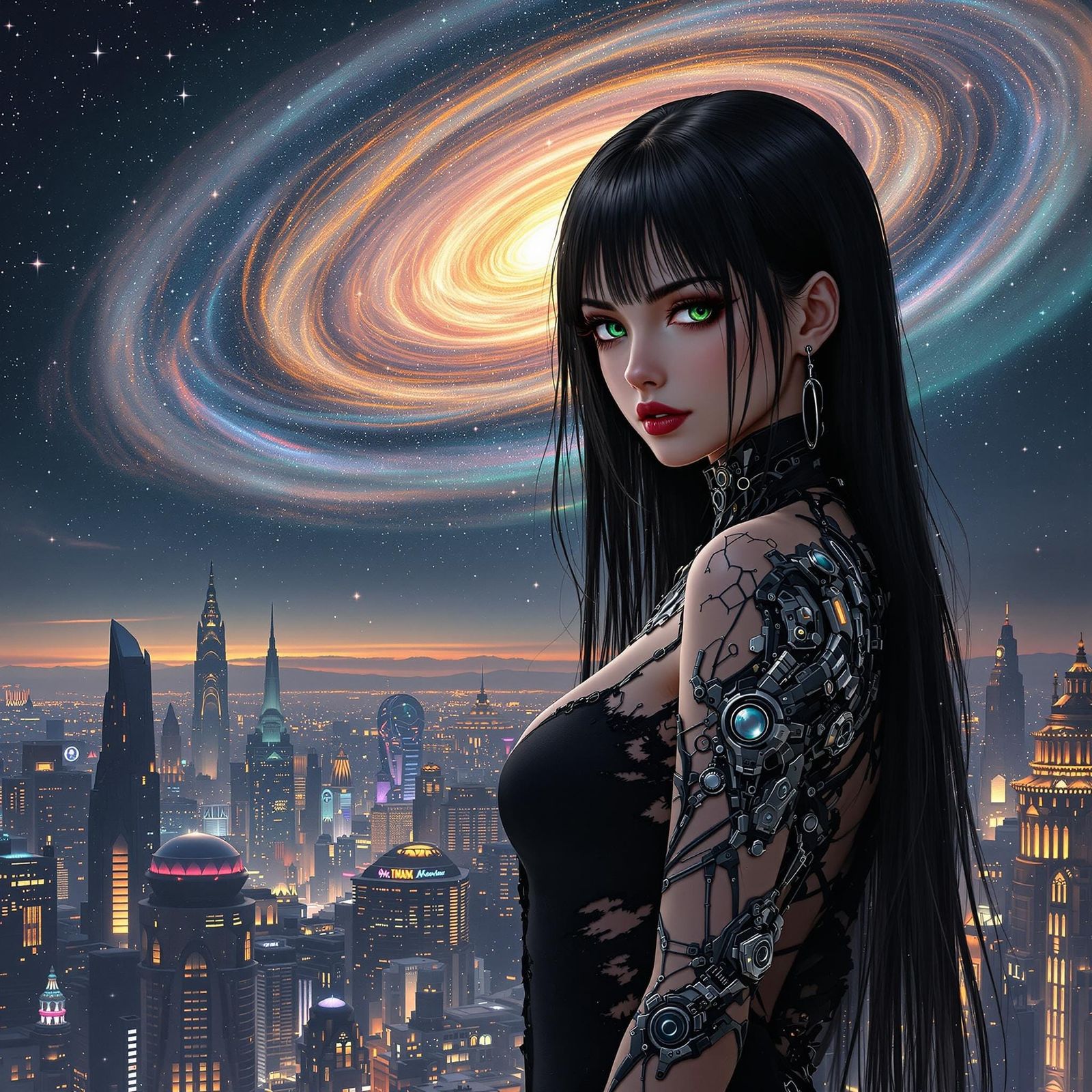 Hyper-Realistic Anime Woman in Cyberpunk Galaxy